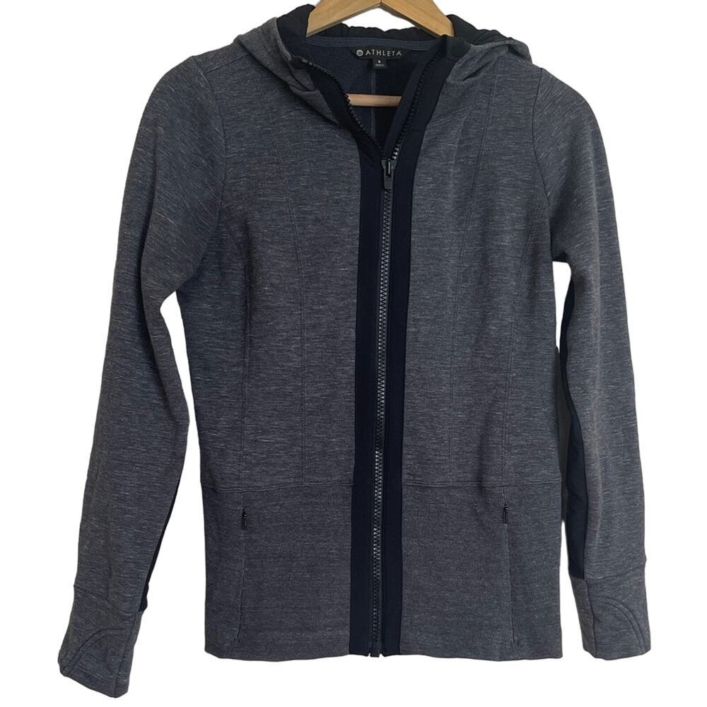 Athleta Victory Hoodie Thumbholes Zip Up Pockets Hood Gray Black Size S